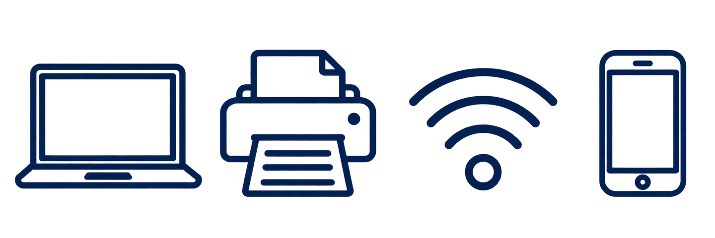 Symbole für Laptop, Drucker, WLAN und Smartphone.